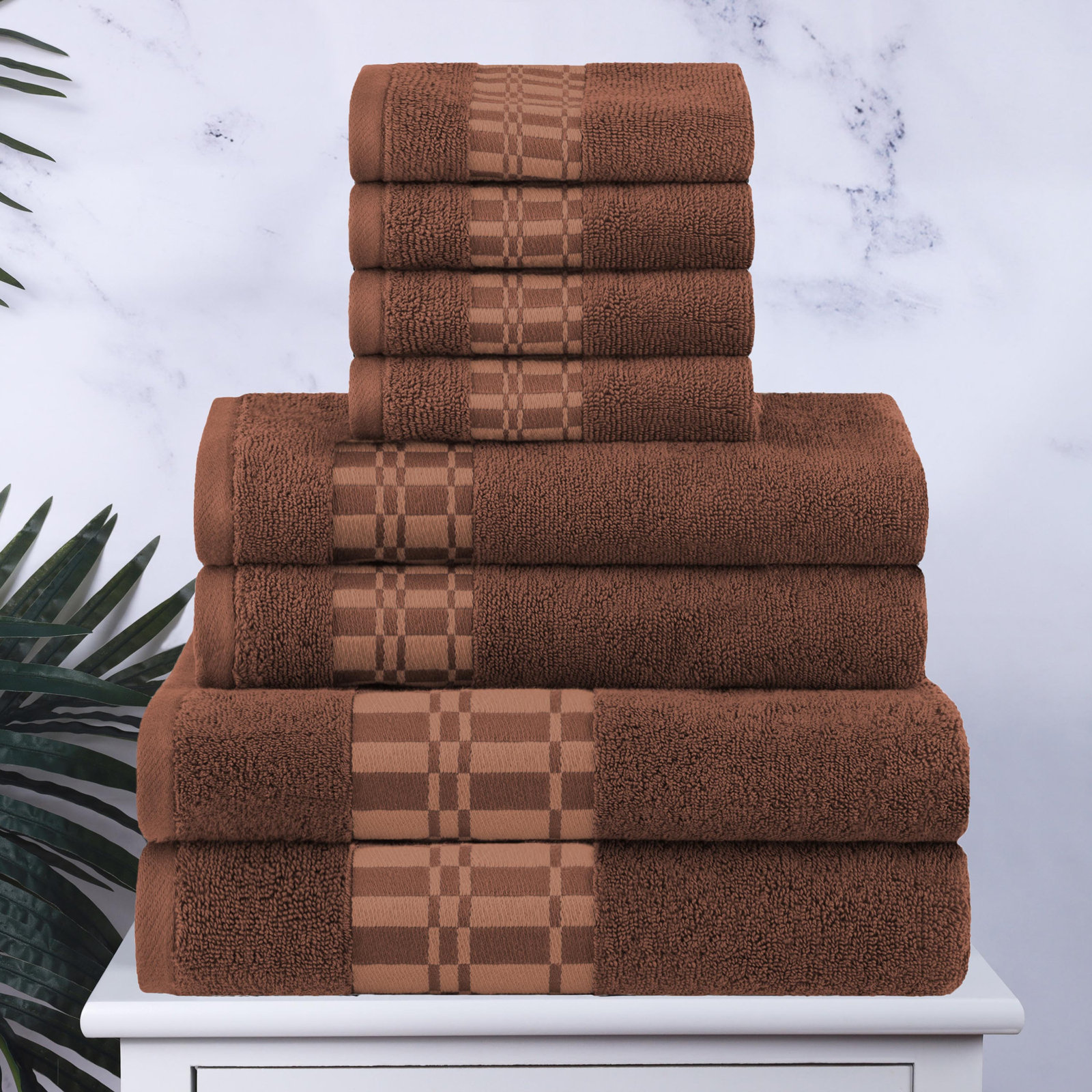 8-Piece Geometric Border Cotton Towel Set, Chocolate