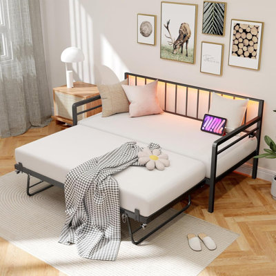 Twin Metal Daybed with Pop Up Trundle, LED Daybed Sofa Bed with Charging Station by Ebern Designs