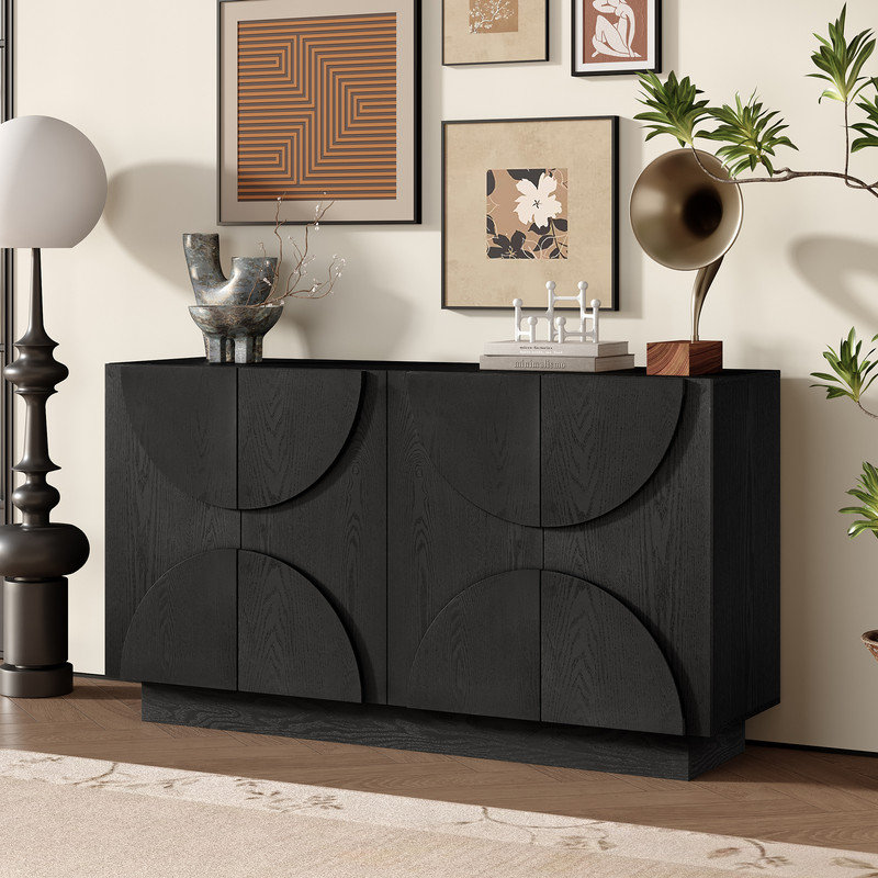 56.3" Wide 4-Doors Sideboard, Contemporary Sideboard Cabinet with Adjustable Shelf, Black