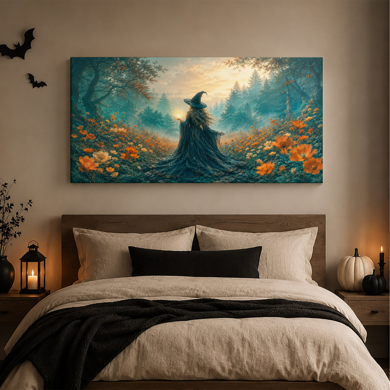 Femme magicienne tenant un orbe lumineux dans une fleur orange - Toile murale d'Halloween, L 20 po x H 10 po