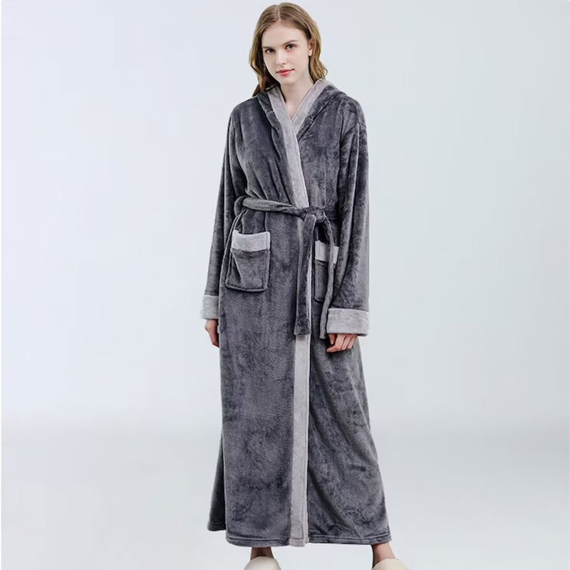 Peignoir en molleton avec poches et capuche, L, Oui, Gris foncé