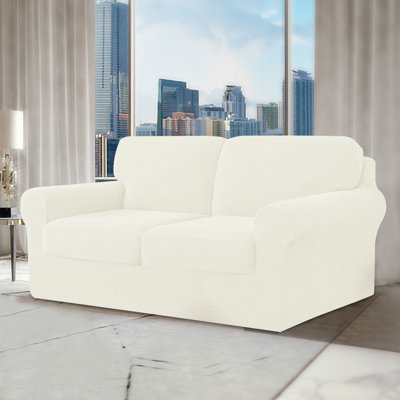 Non‑Slip Multiple Pieces Stretch Couch Covers,Soft Jacquard Washable Sofa Slipcovers, Universal Fit Furniture Protector for Daily Use with Pets & Kids (Loveseat,White)