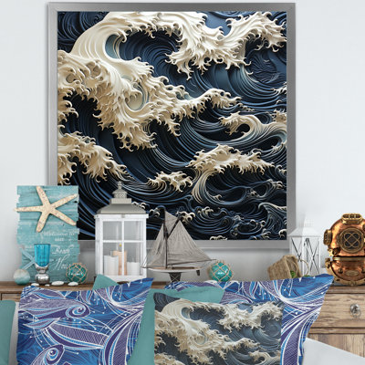 Abstrait bleu et blanc, tempête océanique sur toile