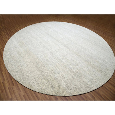 13'9" x 13'9" Pristine White Soft Wool Hand Knotted Modern Grass Design Round Rug