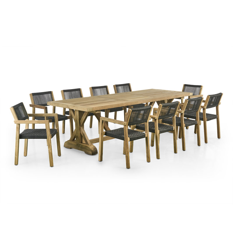 102" French X Reclaimed Teak Indoor Outdoor Dining Table Set With Rope Teak Armchairs, 10