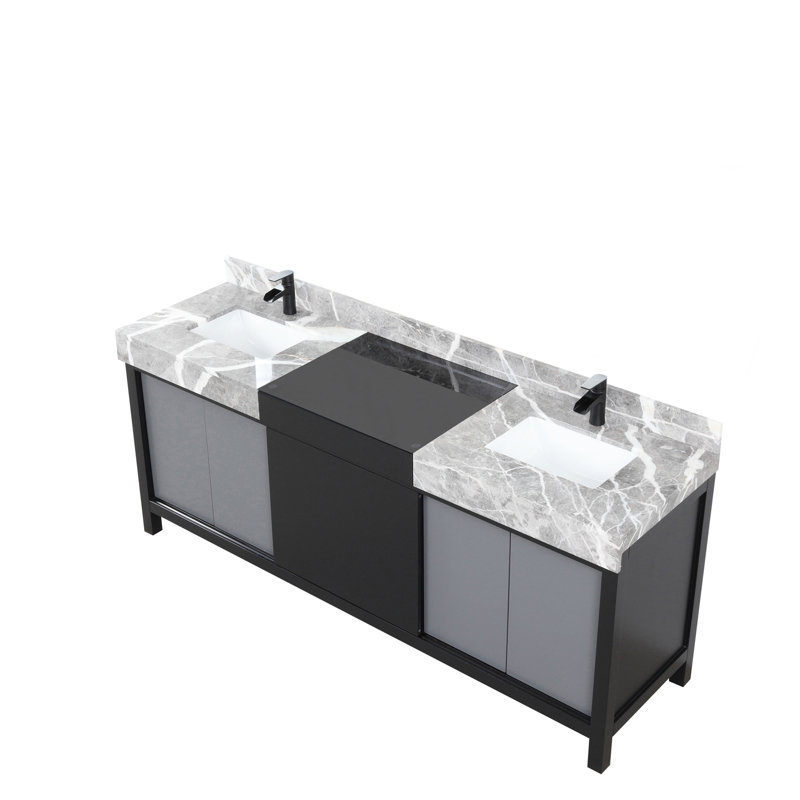 Ensemble de meuble-lavabo double avec plateau en marbre gris château et robinet noir mat