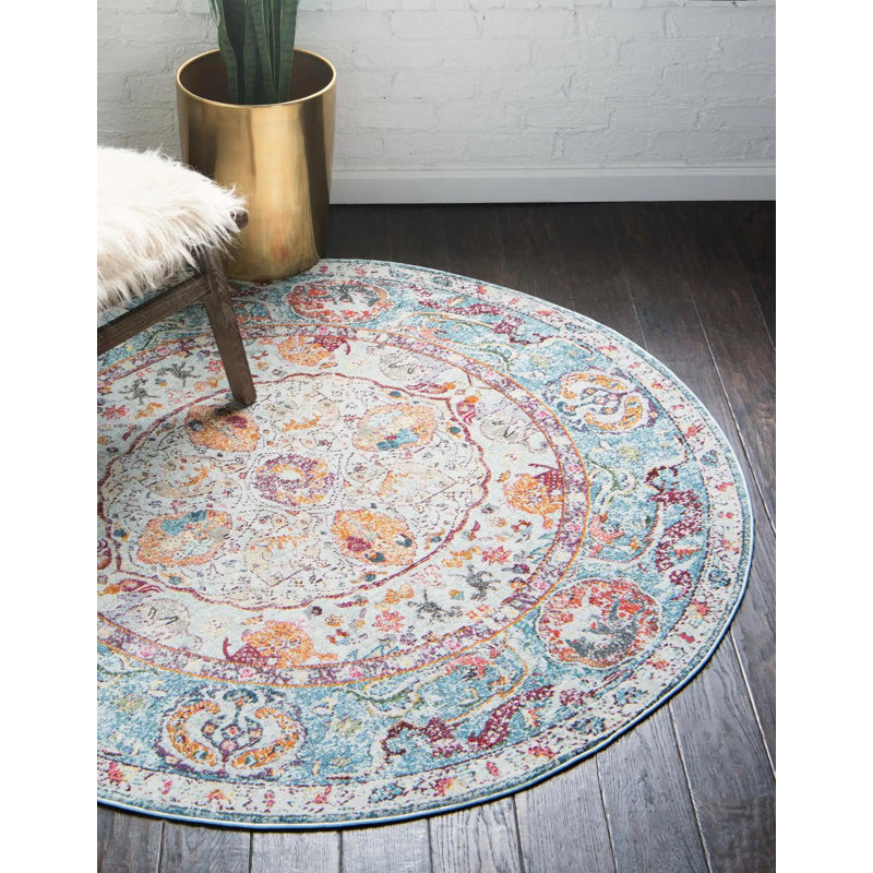 Tapis contemporain Mulvihill couleur sable et mer, Rond 6 pi