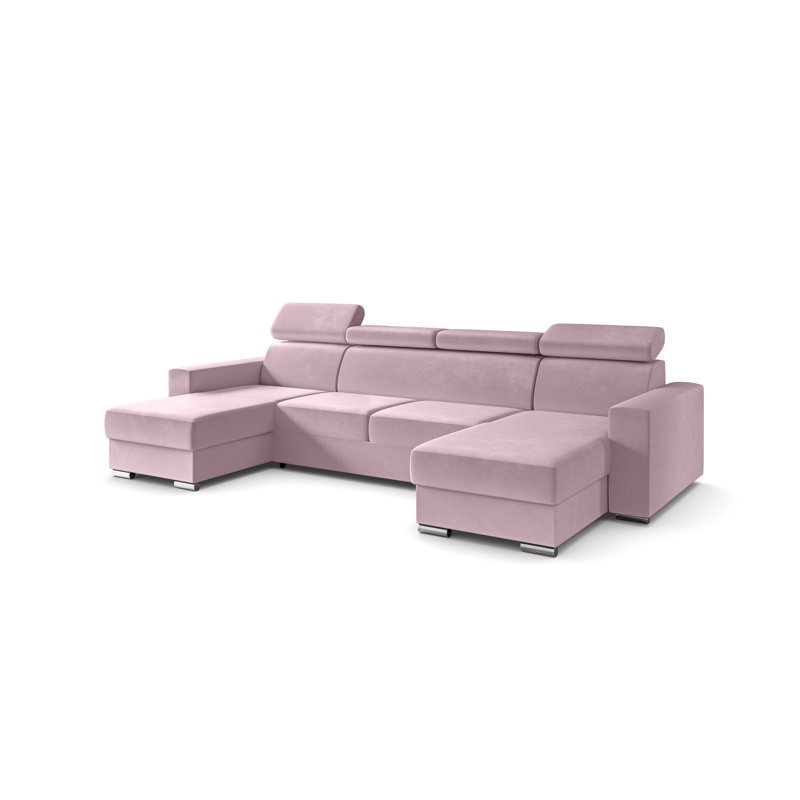 Corner sofa with sleep function and bed box FOX, Pink polyester