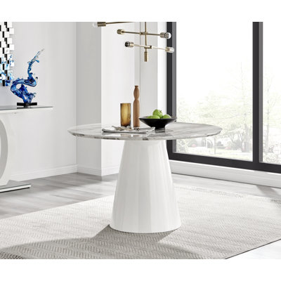 Marble Effect Wood Pedestal Dining Table Set with 4 Upholstered Dining Chairs