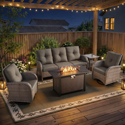 5-Piece Outdoor Patio Wicker Relaxed Sofa Set With Swivel Chairs And Fire Pit Table