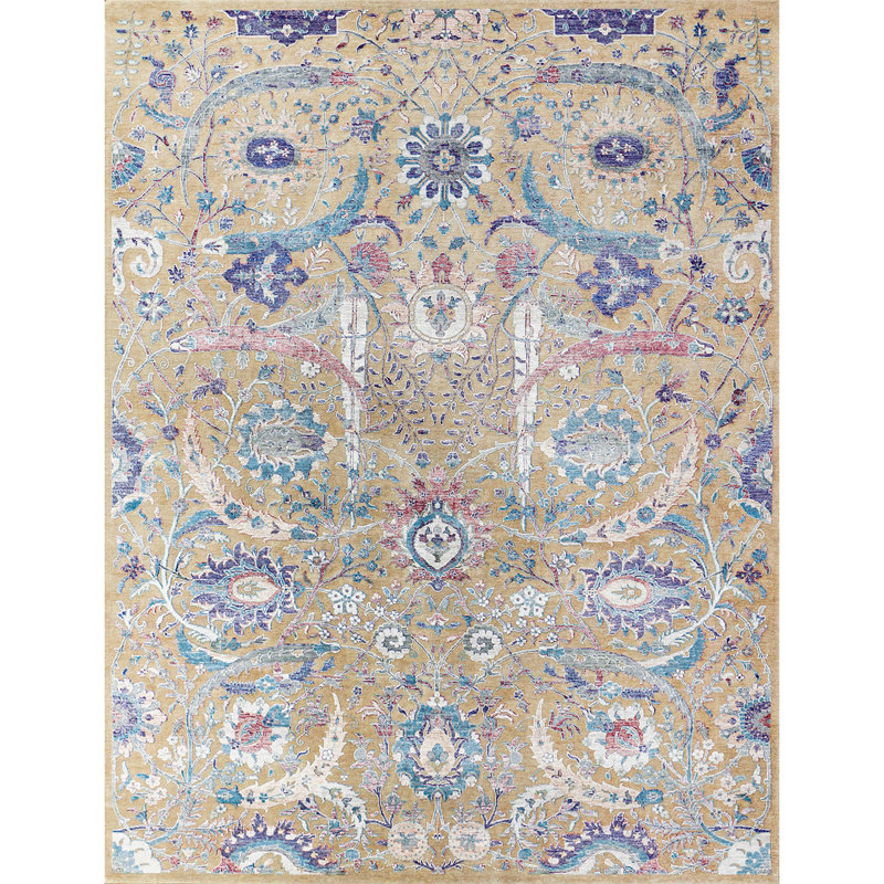Hand-Knotted High-Quality Camel and Multi-Colored Area Rug, Rectangle 9' x 12'