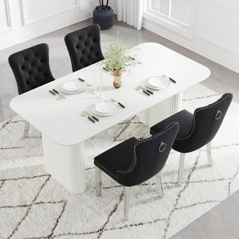 Ensemble de salle à manger rectangulaire en bois avec chaise capitonnée, 5, Noir, Blanc
