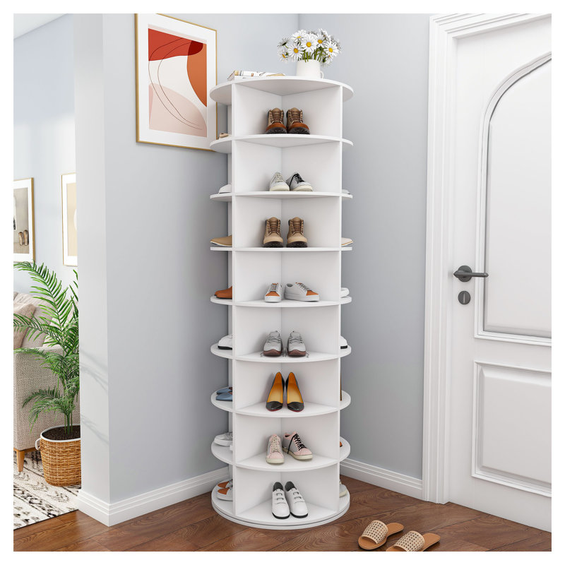 8-Tier Rotating Shoe Rack Tower - 360° Revolving Shoe Organizer, Free Standing Space Saving Design Holds 32 Pairs, White PVC Shoe Storage for Closet & Entryway
