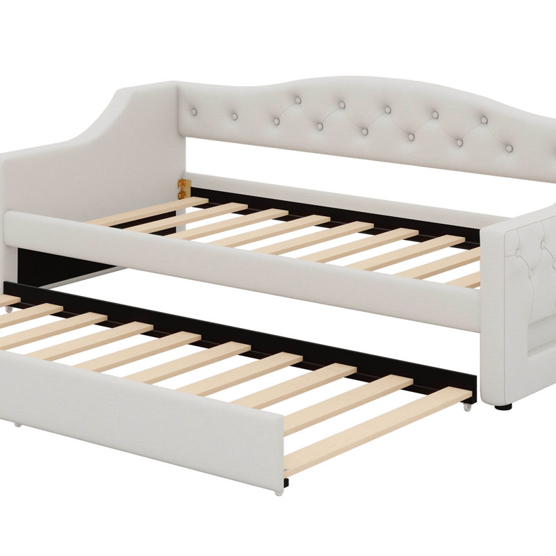 Twin XL Upholstered Daybed With Trundle & LED Belt, Linen Tufted Day Bed For Living Room, Bedroom, Beige