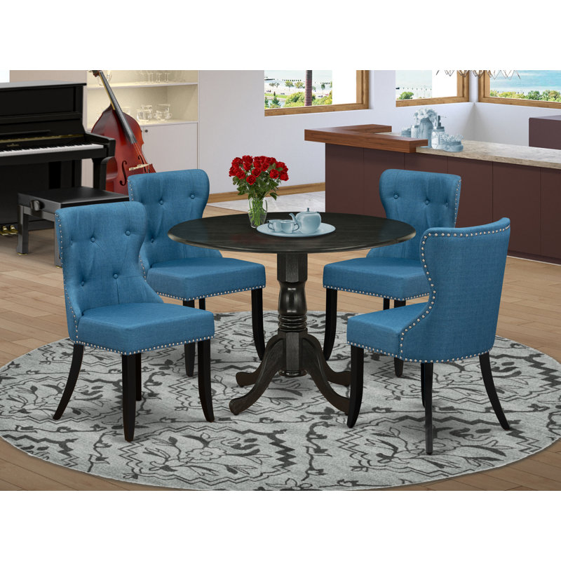 5 Piece Kitchen Table & Chairs Set Includes a Round Dining Room Table with Dropleaf and 4 Blue Linen Fabric Upholstered Chairs, 42x42 Inch, Wirebrushed Black