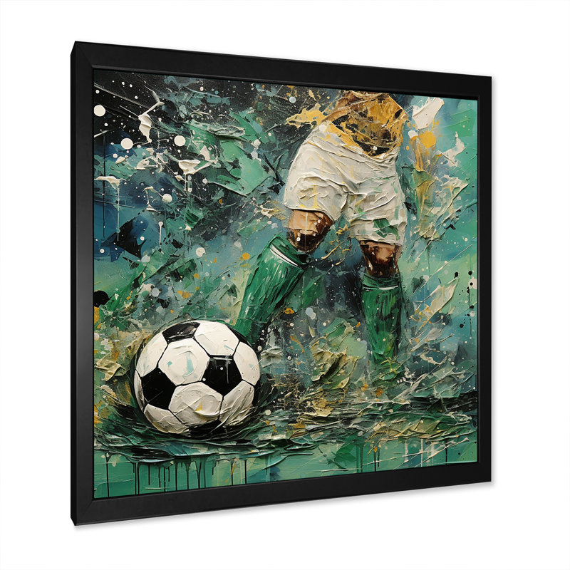 Joueur de soccer abstrait vert - art mural soccer, Cadre simple noir, H 16 po x l 16 po x P 1 po