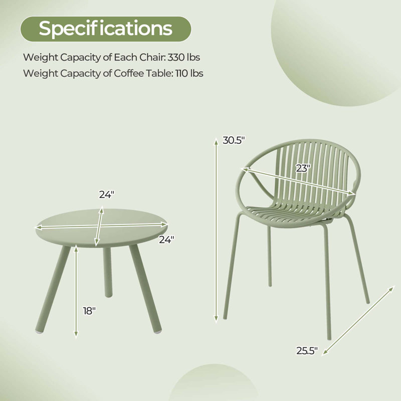 3 Pieces Bistro Set All Weather Pp Patio Conversation Set With Round Coffee Table, Green