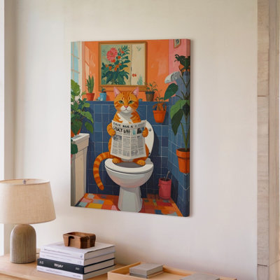 Art mural, toile sur chat avec toilette, journal, humour, salle de bain, humour, quelques instants, prêt à être accroché
