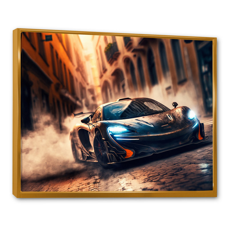 «Futuristic Bugatti Sports Car Racing IV», reproduction sur toile, Cadre flottant doré, H 12 po x l 20 po x P 1 po