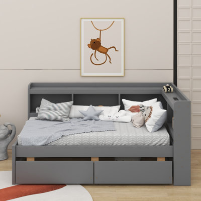 Twin Size L-Shaped Bookcases Bed With Power Outlets, USB Charging Ports,Two Drawers