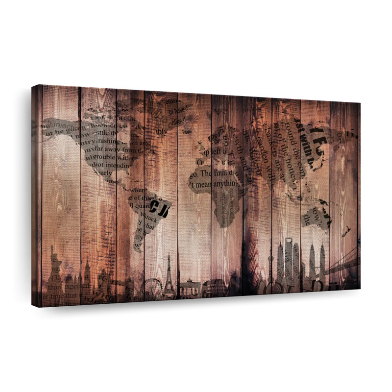 Carte du monde en bois, H 8 po x l 12 po x P 1 po