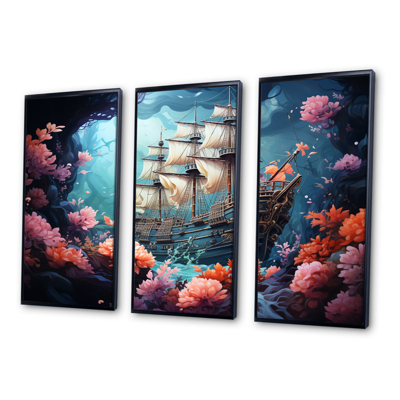 Ensemble de décorations murales Pirate Boat Under Water Memory - Corail sous l'eau Coastal, Cadre flottant noir