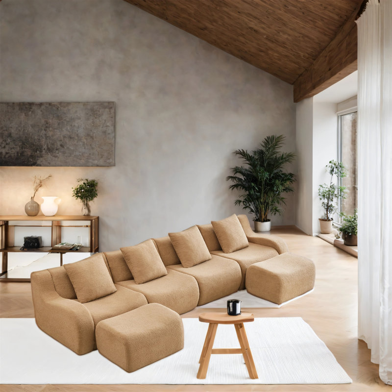 L-shaped 4-seater Teddy Bear Fabric Boneless Sofa With 2 Ottomans, Camel Teddy