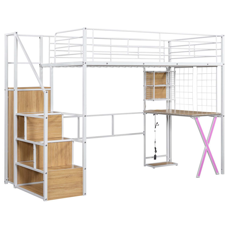 Lit mezzanine en métal avec poste de travail intégré, garde-robe, escalier de rangement et DEL, Lit simple