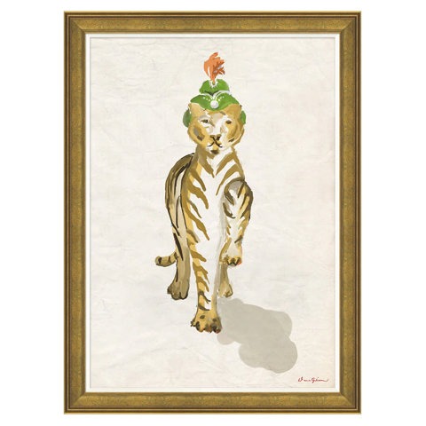 Framed painting of a tiger wearing a feathered cap