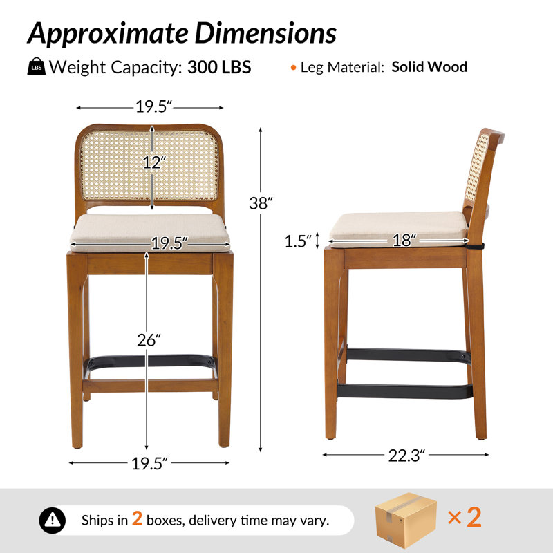 Calheme Coastal Rattan Counter Stool with Removable Soft Cushion Set Of 4, Acorn 