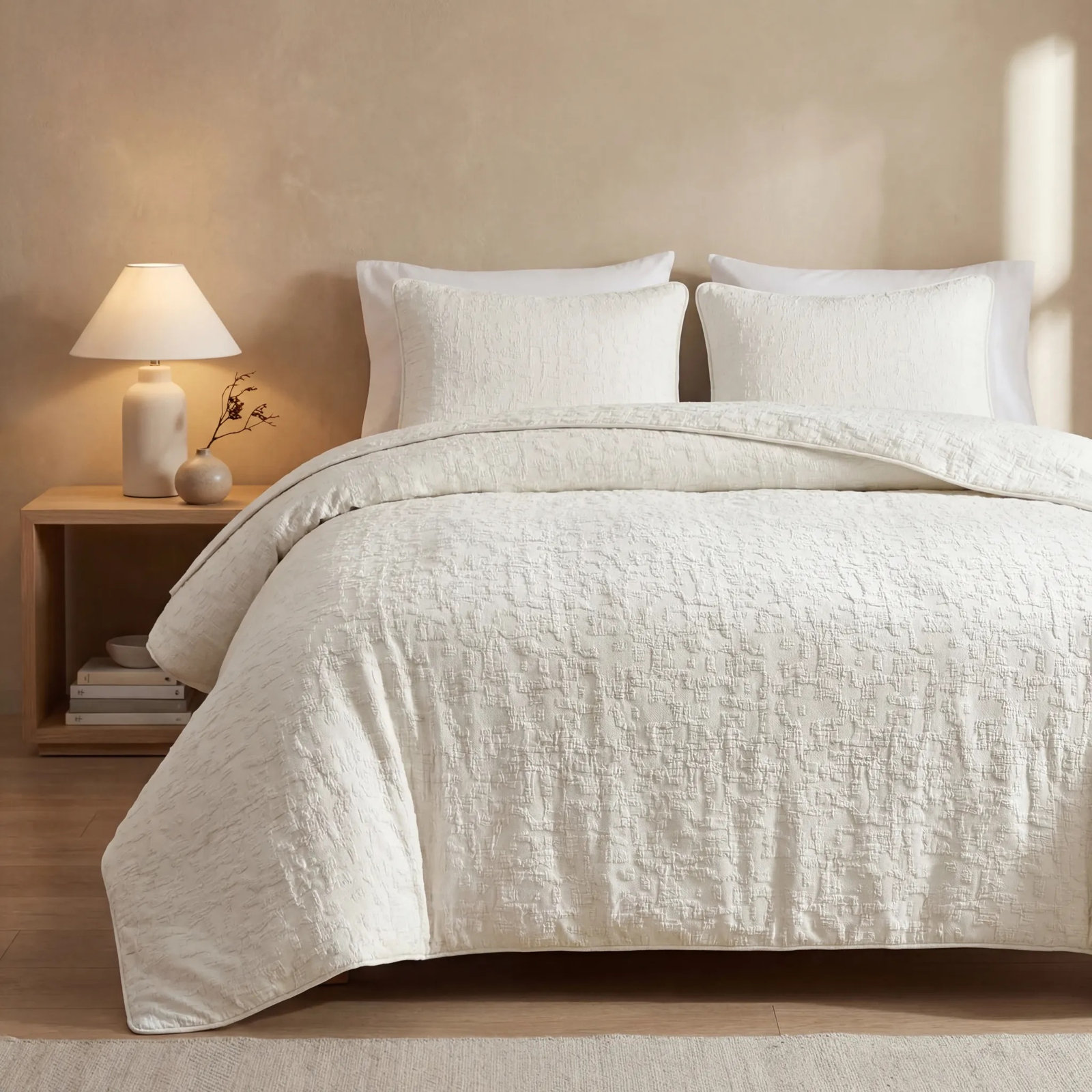 Bloomville Cotton Duvet Cover Set, Vintage White, Queen Duvet Cover + 2 Standard Shams