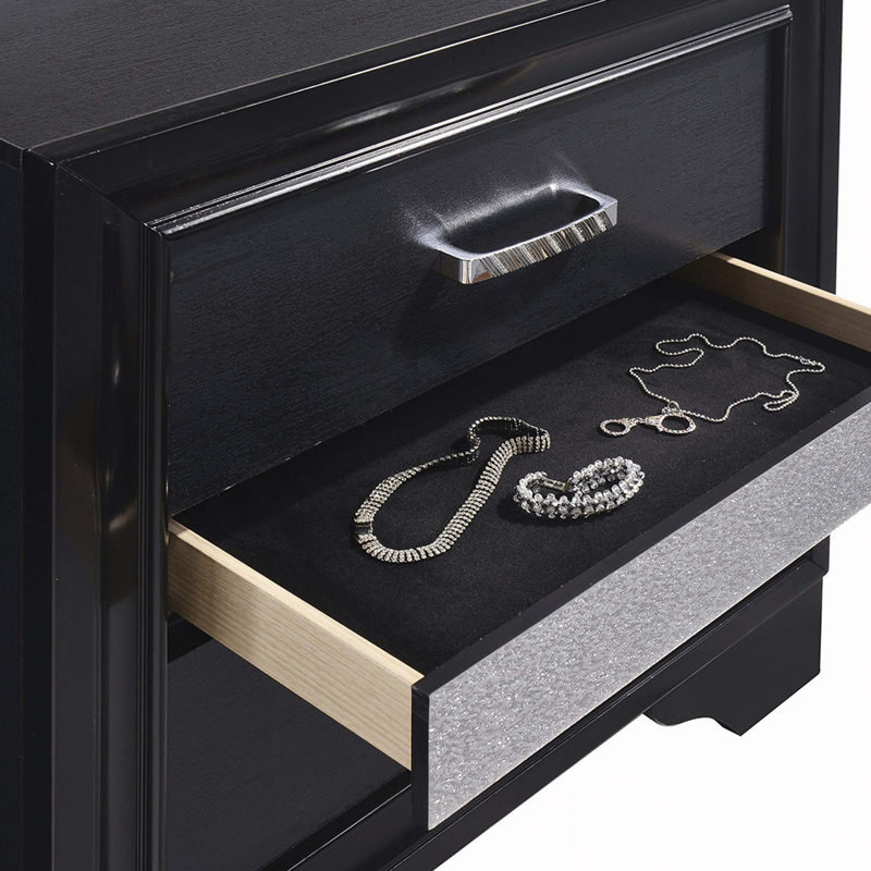 Table de chevet 2 tiroirs avec 1 plateau à bijoux, Noir