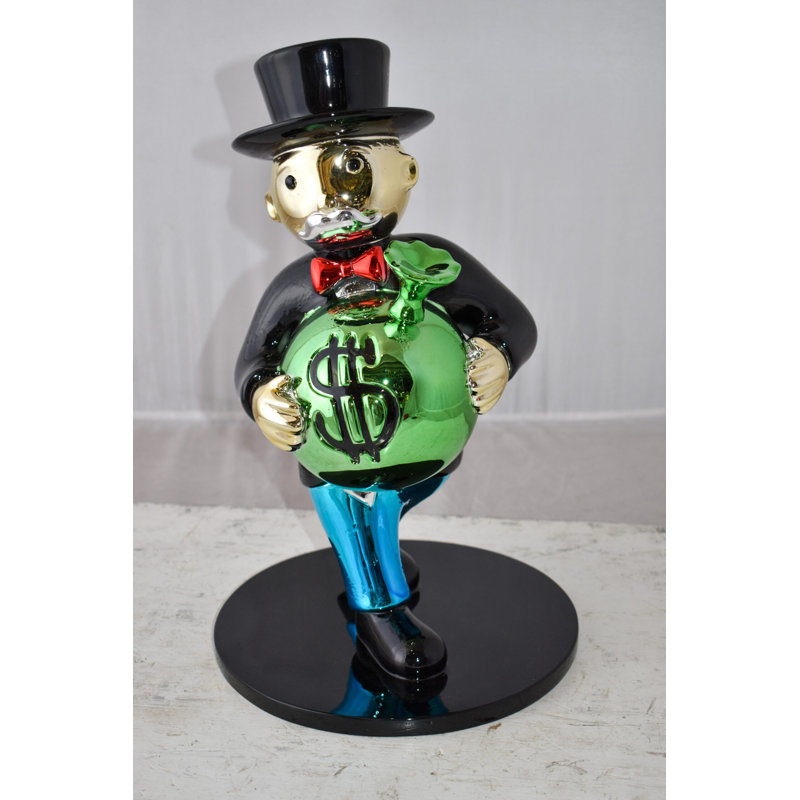 Statue vibrante de monopole tenant un sac d'argent en résine, petit format: 10 po x 10 po x H 16 po