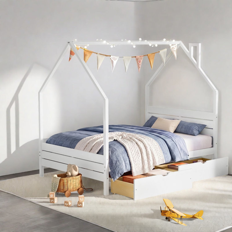 Lits avec rangement, cadre de maison en panneau de fibres à densité moyenne, chambre d'enfant moderne, Blanc