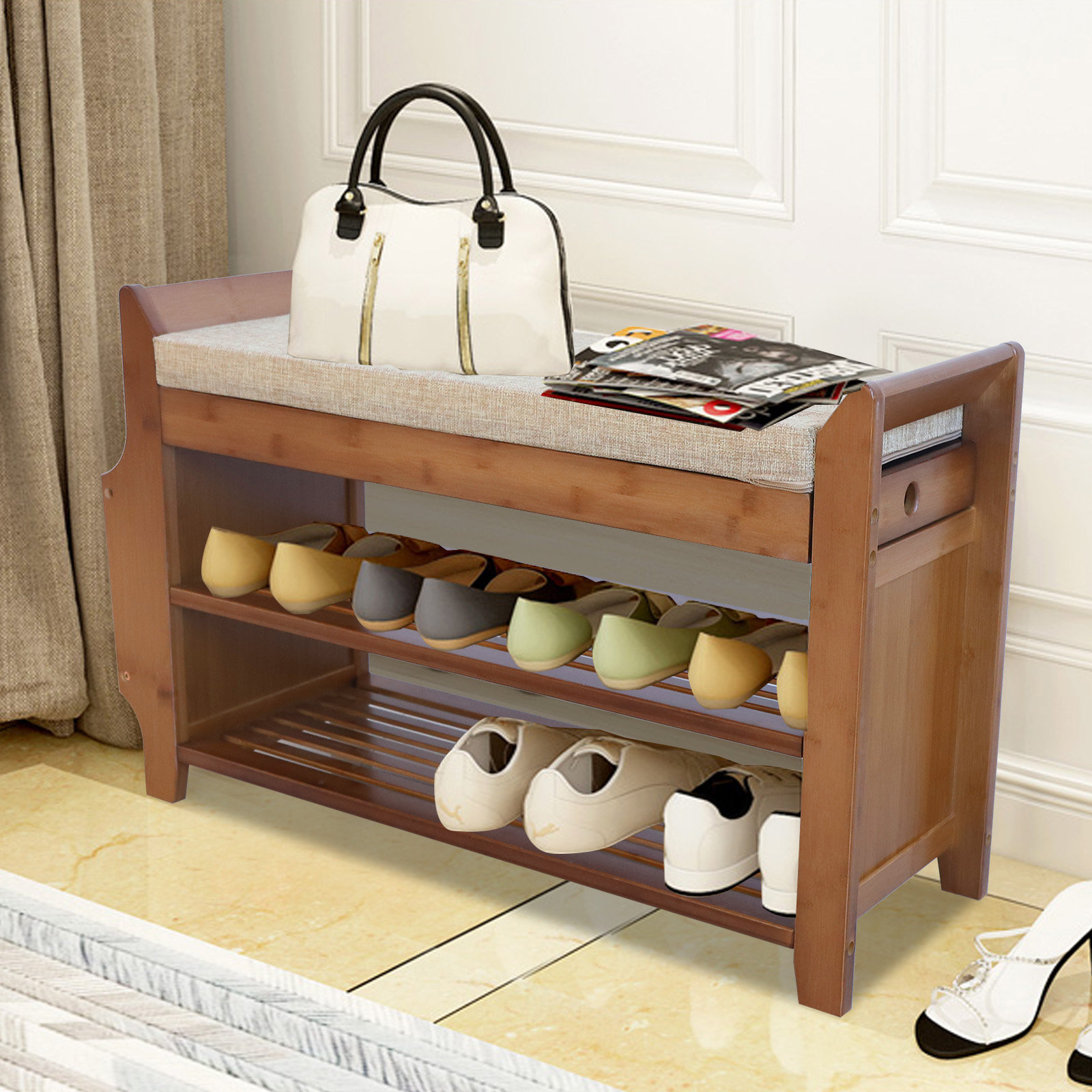 3-Tier Wood Shoe Rack with Soft Seat
