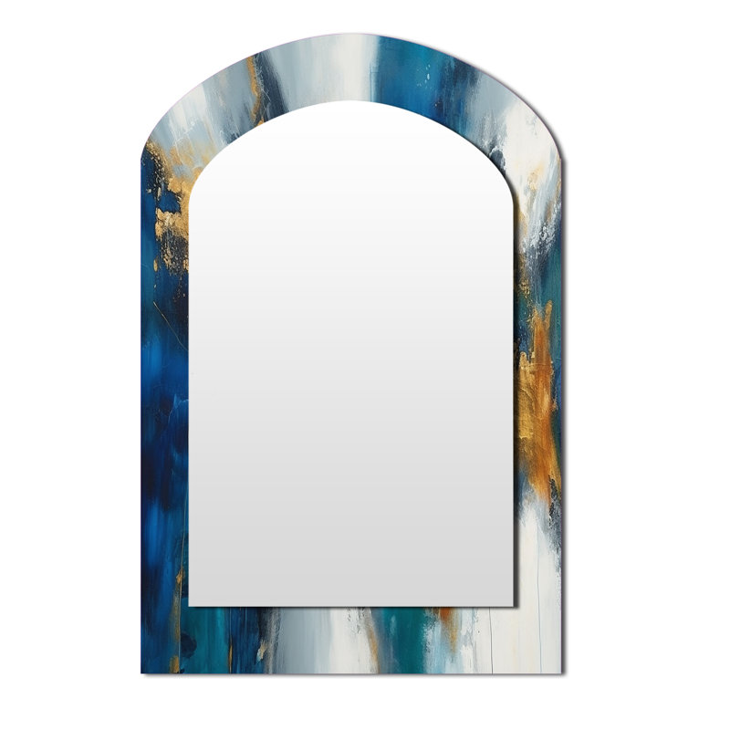 Deep Knowing Abstract In Royal Blue And Gold IV - Abstract Painting Arch Unique Wall Mirror Decor, Gold Asymmetrical Large Mirror, Printed Metal Art