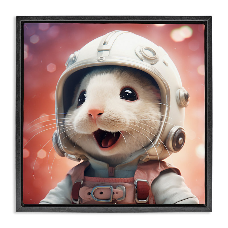 Portrait de souris astronaute, H 18 po x l 18 po, Cadre flottant noir de jais