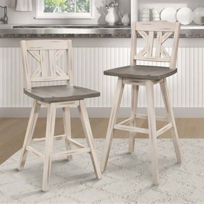 Ensemble de 2 chaises à hauteur de comptoir, chaise de salle à manger pivotante à 360 degrés en bois d'hévéa massif gris blanc, dossier en X divisé