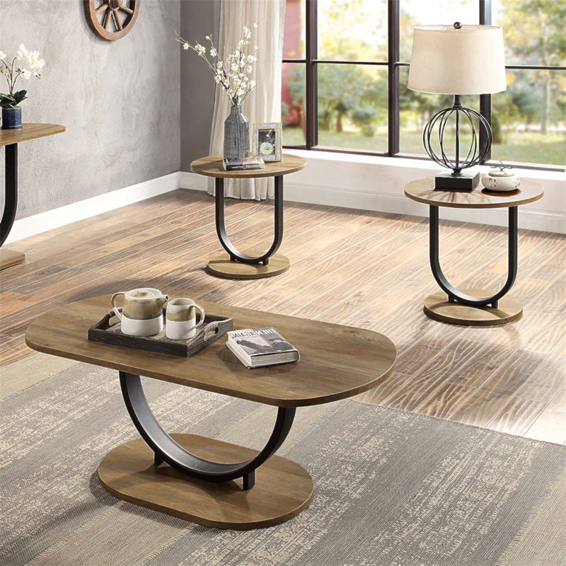 Ensemble de 3 tables basses de style industriel avec dessus en chêne rustique et piètement en acier noir sable en forme de U