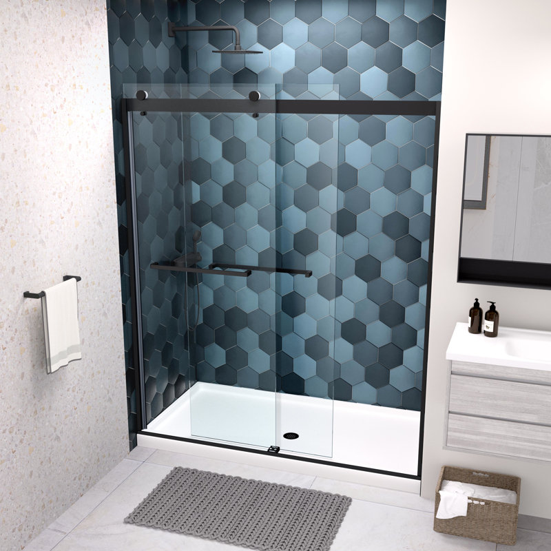 Porte de douche avec fonction de fermeture en douceur - verre trempé de 5/16 po, noir mat, verre glissant 36 000 fois, système