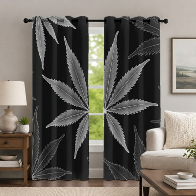 2Pcs Black and White Leaf Pattern Curtains, Botanical Style Curtain, Contemporary Graphic Monochrome Printed Art Grommet Drapes, Window Treatment for Bedroom Living Room Decor