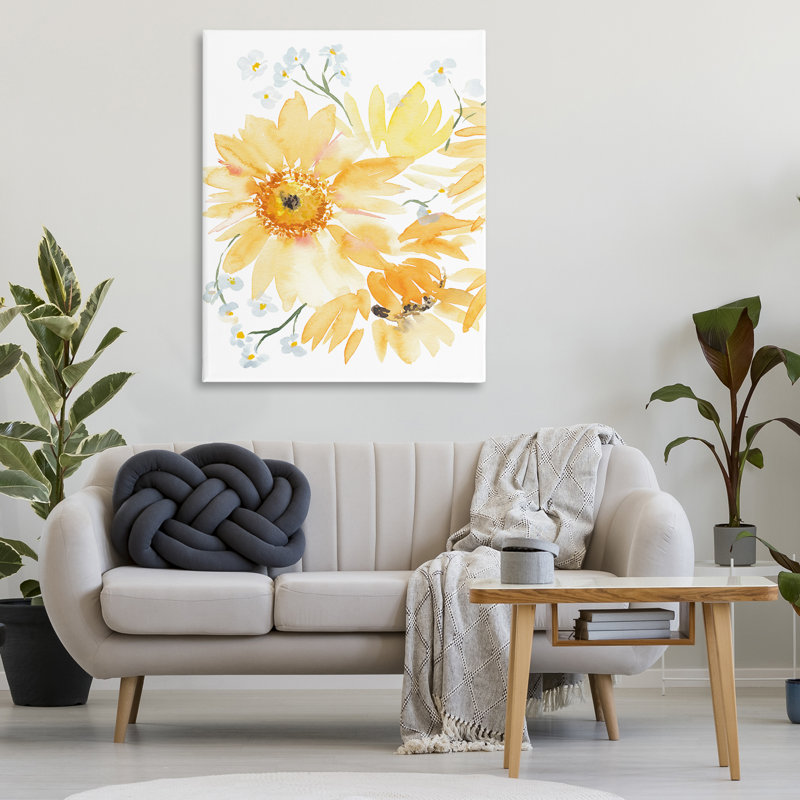 Art mural jaune avec fleurs brossées jaunes par Amanda Cook, H 48 po x l 36 po