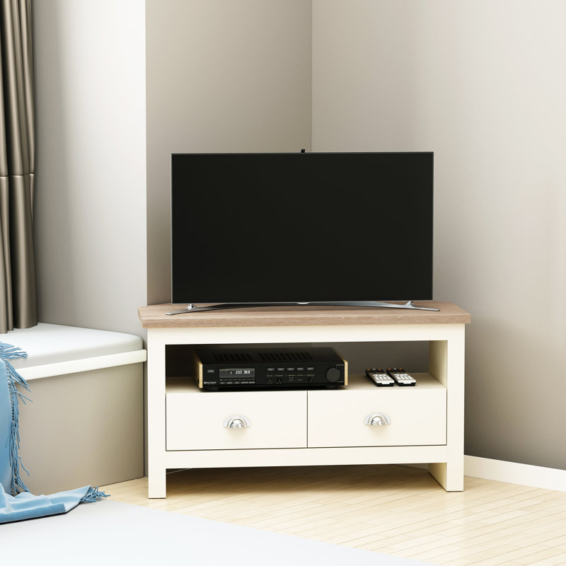 Corner Tv Console Table, White, With Drawers And Open Storage For Up To 50" Tvs In Living Room Stand Corner, White Compartment Entertainment