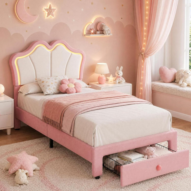 Cadre de lit simple avec rangement, cadre de lit tapissier à DEL avec tête de lit, joli lit plateforme en velours, White