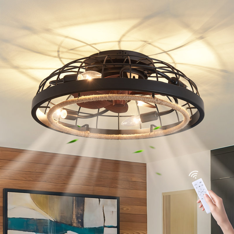 19.7" 4-Light Black Flush Mount Caged Ceiling Fan with Light, Low Profile Fandelier with 6-Speed Remote Control, Reversible DC Motor, Timer