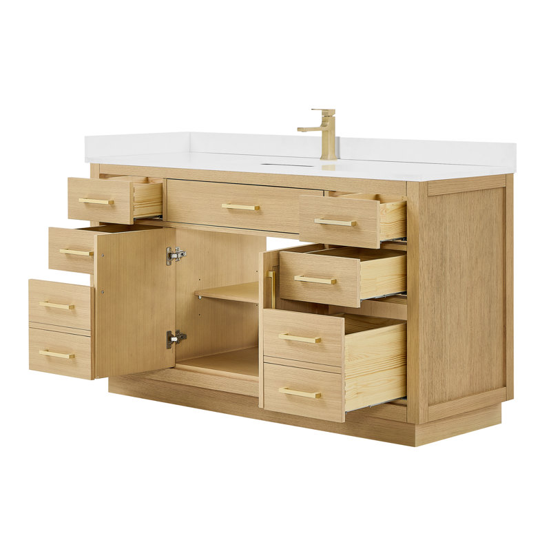 Beckett TK 60'' Free Standing Single Bathroom Vanity with Top, White Cultured Marble, Dark Oak, Matte Black