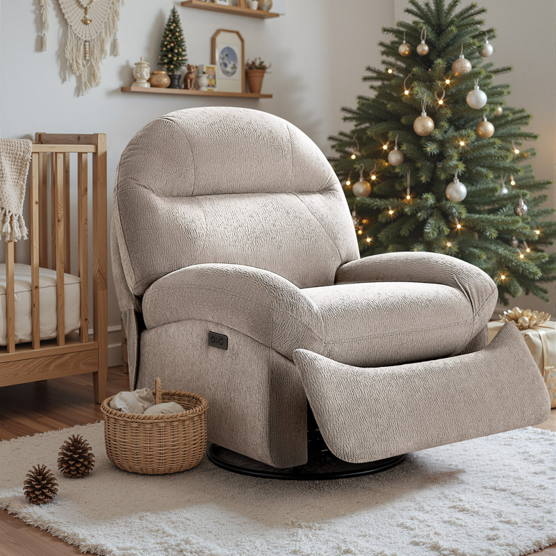 Terry Fabric Power Recliner, Swivel Rocking Chair with Charging Ports, Camel