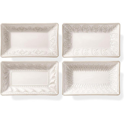 Ceramic 8.25 Inch Rectangle Salad Plates Set Of 4 - Deep Plates For Appetizer, Dessert, Dinner, Sushi, Snack, Pasta, Serving - Microwave Safe With Embossed Rim Design (Multiple Patterns)