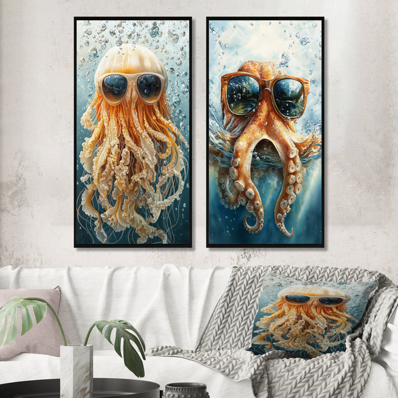 Pieuvre orange avec lunettes dans l'océan I - ensemble d'art mural méduse 2 pièces, H 40 po x l 40 po, Impression encadrée