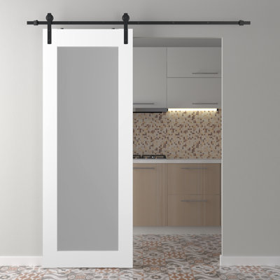Smart Pro 207 Manufactured Wood and Glass Barn Door with Installation Hardware Kit